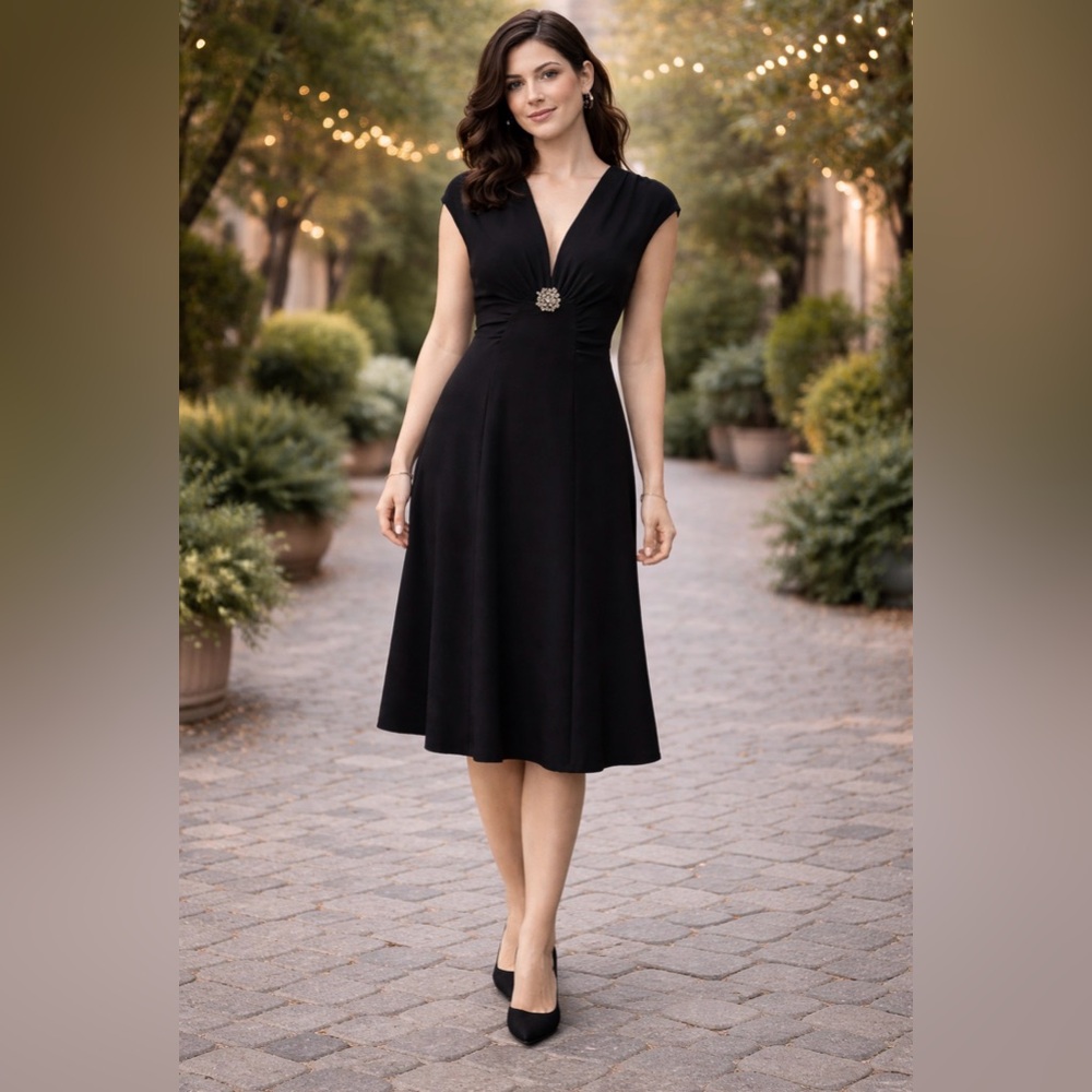 Anne Klein Dress Black 10 V Neck A Line Career Party Wedding NWT NEW $295